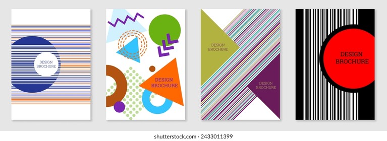 Conjunto de diseño de portada en estilo Memphis. Diseño geométrico, fondo abstracto. Cubierta brillante de moda, banner, póster, folleto. Colores creativos.