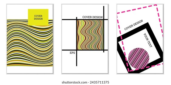 Conjunto de diseño de portada en estilo Memphis. Diseño geométrico, fondo abstracto. Cubierta brillante de moda, banner, póster, folleto. Colores creativos.