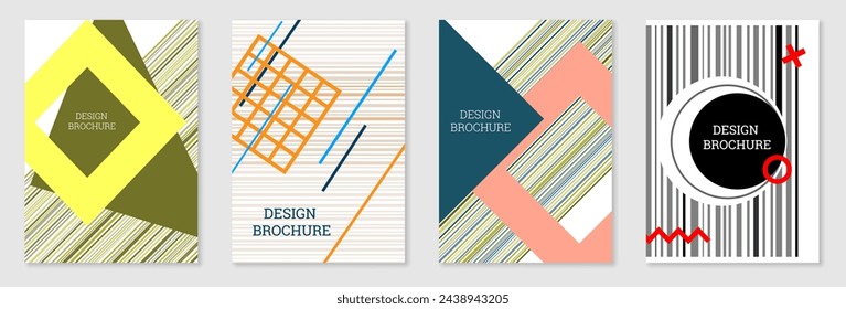 Set of cover design in Memphis style. Geometric design, abstract background. Fashionable bright cover, banner, poster, booklet. Creative colors.