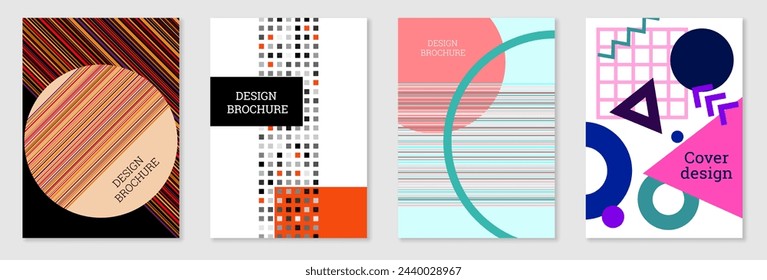 Satz von Cover-Design im Memphis-Stil. Geometrisches Design, abstrakter Hintergrund. Modisches helles Cover, Banner, Poster, Booklet. Kreative Farben.