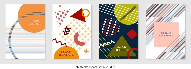 Set of cover design in Memphis style. Geometric design, abstract background. Fashionable bright cover, banner, poster, booklet. Creative colors.