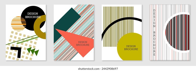 Conjunto de diseño de portada en estilo Memphis. Diseño geométrico, fondo abstracto. Cubierta brillante de moda, banner, póster, folleto. Colores creativos.