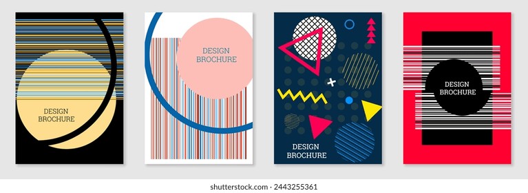 Satz von Cover-Design im Memphis-Stil. Geometrisches Design, abstrakter Hintergrund. Modisches helles Cover, Banner, Poster, Booklet. Kreative Farben.