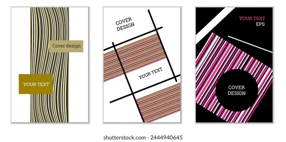 Set of cover design in Memphis style. Geometric design, abstract background. Fashionable bright cover, banner, poster, booklet. Creative colors.