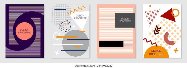 Conjunto de diseño de portada en estilo Memphis. Diseño geométrico, fondo abstracto. Cubierta brillante de moda, Anuncio, póster, folleto. Colores creativos.
