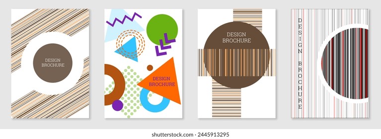 Set of cover design in Memphis style. Geometric design, abstract background. Fashionable bright cover, banner, poster, booklet. Creative colors.