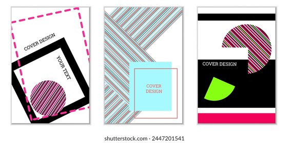 Conjunto de diseño de portada en estilo Memphis. Diseño geométrico, fondo abstracto. Cubierta brillante de moda, Anuncio, póster, folleto. Colores creativos.