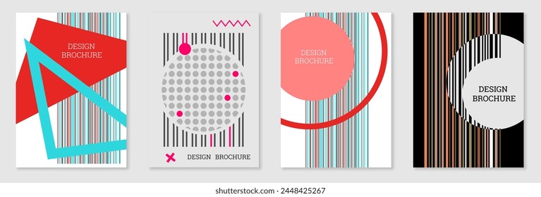 Conjunto de diseño de portada en estilo Memphis. Diseño geométrico, fondo abstracto. Cubierta brillante de moda, Anuncio, póster, folleto. Colores creativos.