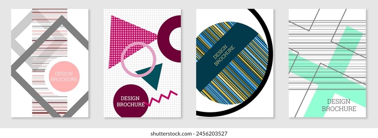 Conjunto de diseño de portada en estilo Memphis. Diseño geométrico, fondo abstracto. Cubierta brillante de moda, Anuncio, póster, folleto. Colores creativos.