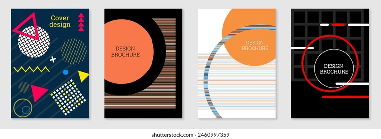 Set of cover design in Memphis style. Geometric design, abstract background. Fashionable bright cover, banner, poster, booklet. Creative colors.