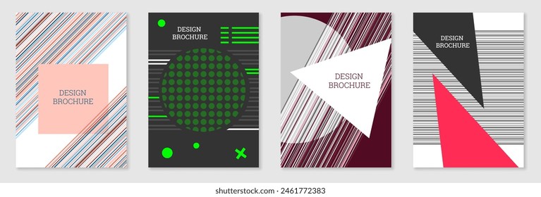 Conjunto de diseño de portada en estilo Memphis. Diseño geométrico, fondo abstracto. Cubierta brillante de moda, Anuncio, póster, folleto. Colores creativos.