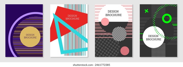 Set of cover design in Memphis style. Geometric design, abstract background. Fashionable bright cover, banner, poster, booklet. Creative colors.