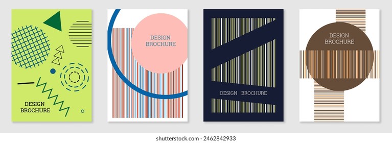 Conjunto de diseño de portada en estilo Memphis. Diseño geométrico, fondo abstracto. Cubierta brillante de moda, Anuncio, póster, folleto. Colores creativos.