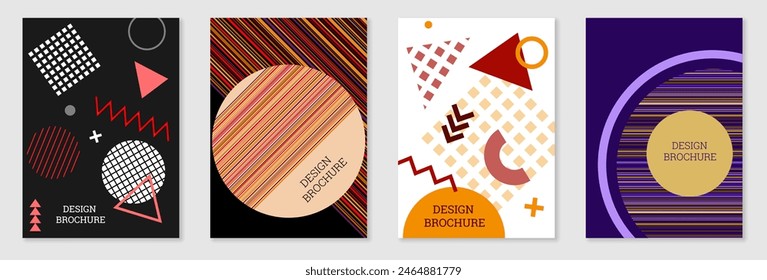 Set of cover design in Memphis style. Geometric design, abstract background. Fashionable bright cover, banner, poster, booklet. Creative colors.