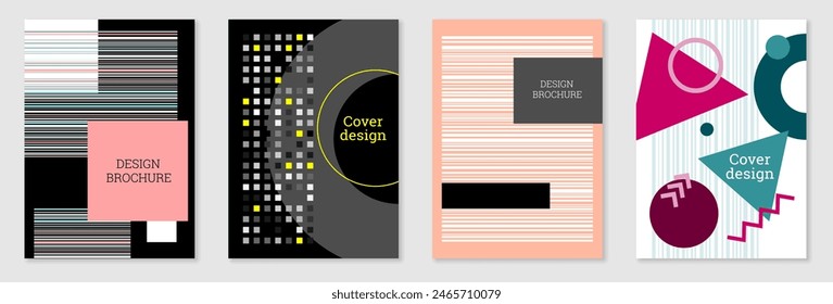 Satz von Cover-Design im Memphis-Stil. Geometrisches Design, abstrakter Hintergrund. Modisches helles Cover, Banner, Poster, Booklet. Kreative Farben.