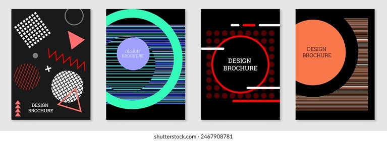 Set of cover design in Memphis style. Geometric design, abstract background. Fashionable bright cover, banner, poster, booklet. Creative colors.