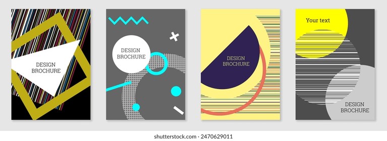 Set of cover design in Memphis style. Geometric design, abstract background. Fashionable bright cover, banner, poster, booklet. Creative colors.