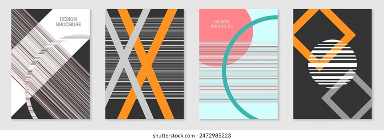 Conjunto de diseño de portada en estilo Memphis. Diseño geométrico, fondo abstracto. Cubierta brillante de moda, Anuncio, póster, folleto. Colores creativos.