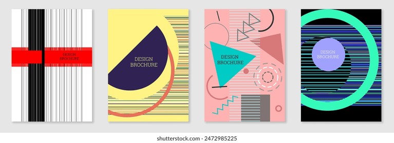 Set of cover design in Memphis style. Geometric design, abstract background. Fashionable bright cover, banner, poster, booklet. Creative colors.