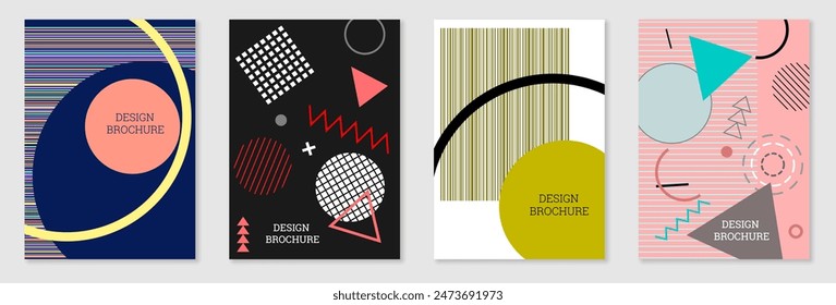 Conjunto de diseño de portada en estilo Memphis. Diseño geométrico, fondo abstracto. Cubierta brillante de moda, Anuncio, póster, folleto. Colores creativos.