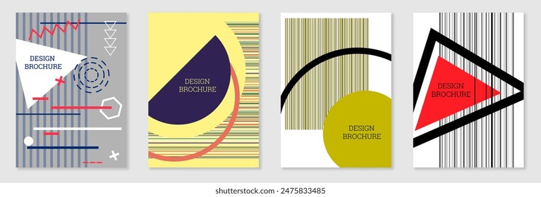 Set of cover design in Memphis style. Geometric design, abstract background. Fashionable bright cover, banner, poster, booklet. Creative colors.