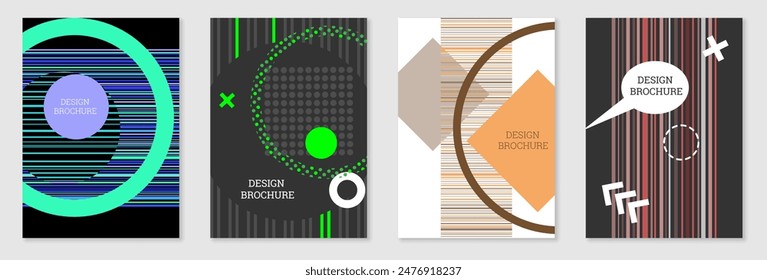 Conjunto de diseño de portada en estilo Memphis. Diseño geométrico, fondo abstracto. Cubierta brillante de moda, Anuncio, póster, folleto. Colores creativos.