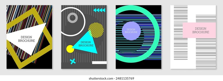 Set of cover design in Memphis style. Geometric design, abstract background. Fashionable bright cover, banner, poster, booklet. Creative colors.