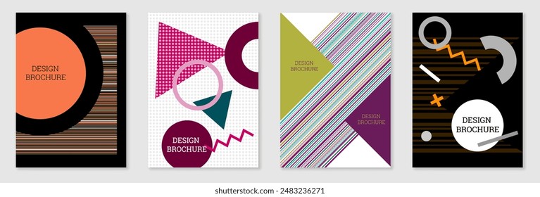 Set of cover design in Memphis style. Geometric design, abstract background. Fashionable bright cover, banner, poster, booklet. Creative colors.