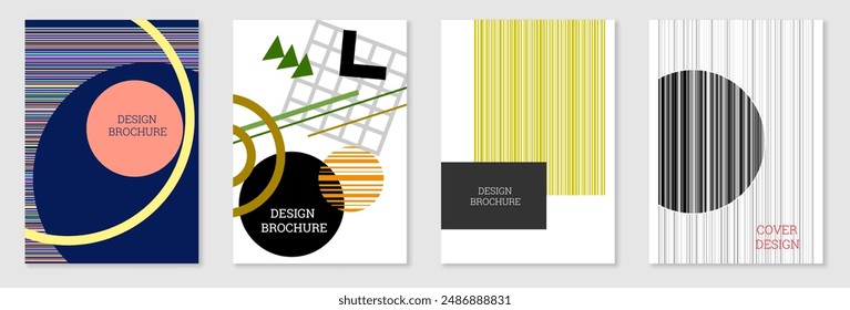 Conjunto de diseño de portada en estilo Memphis. Diseño geométrico, fondo abstracto. Cubierta brillante de moda, Anuncio, póster, folleto. Colores creativos.
