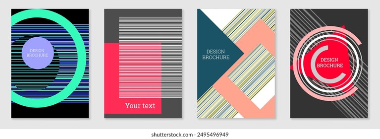 Conjunto de diseño de portada en estilo Memphis. Diseño geométrico, fondo abstracto. Cubierta brillante de moda, Anuncio, póster, folleto. Colores creativos.