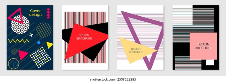 Conjunto de diseño de portada en estilo Memphis. Diseño geométrico, fondo abstracto. Cubierta brillante de moda, Anuncio, cartel, folleto. Colores creativos.