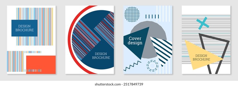 Conjunto de diseño de portada en estilo Memphis. Diseño geométrico, fondo abstracto. Cubierta brillante de moda, Anuncio, cartel, folleto. Colores creativos.