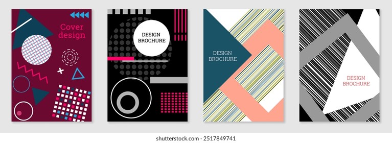 Set of cover design in Memphis style. Geometric design, abstract background. Fashionable bright cover, banner, poster, booklet. Creative colors.