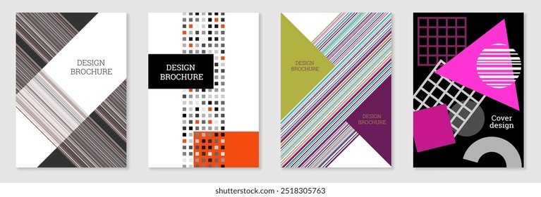 Conjunto de diseño de portada en estilo Memphis. Diseño geométrico, fondo abstracto. Cubierta brillante de moda, Anuncio, cartel, folleto. Colores creativos.