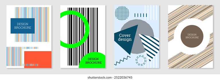 Set of cover design in Memphis style. Geometric design, abstract background. Fashionable bright cover, banner, poster, booklet. Creative colors.