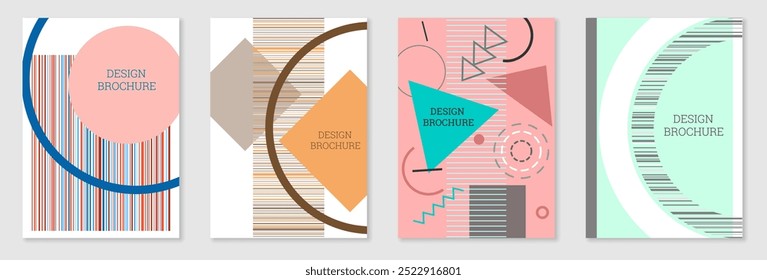 Cover Design im Memphis Stil. Geometrisches Design, abstrakter Hintergrund. Modische helle Abdeckung, Banner, Poster, Broschüre. Kreative Farben.