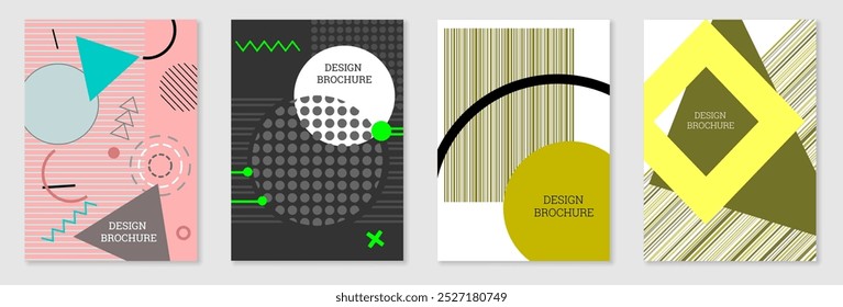 Set of cover design in Memphis style. Geometric design, abstract background. Fashionable bright cover, banner, poster, booklet. Creative colors.