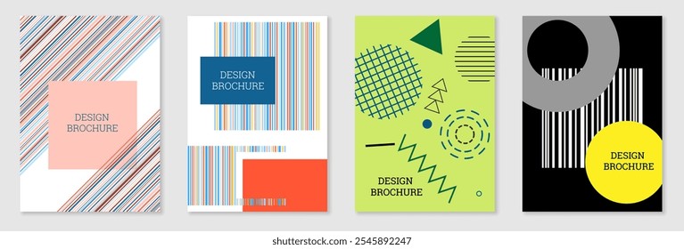 Set of cover design in Memphis style. Geometric design, abstract background. Fashionable bright cover, banner, poster, booklet. Creative colors.