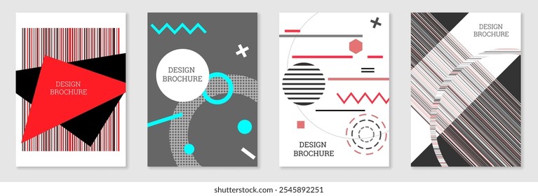 Conjunto de diseño de portada en estilo Memphis. Diseño geométrico, fondo abstracto. Cubierta brillante de moda, Anuncio, cartel, folleto. Colores creativos.