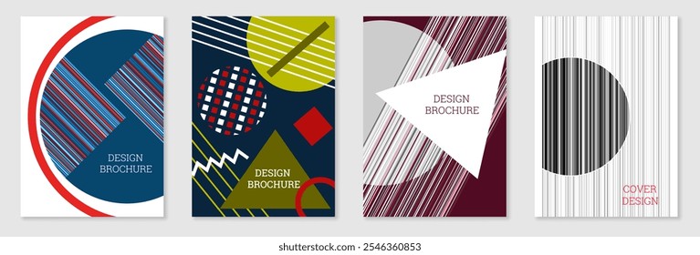 Conjunto de diseño de portada en estilo Memphis. Diseño geométrico, fondo abstracto. Cubierta brillante de moda, Anuncio, cartel, folleto. Colores creativos.