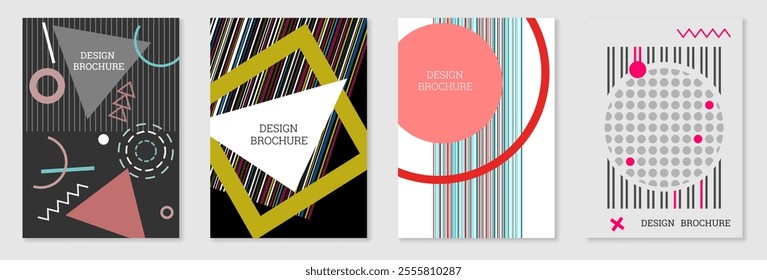 Set of cover design in Memphis style. Geometric design, abstract background. Fashionable bright cover, banner, poster, booklet. Creative colors.