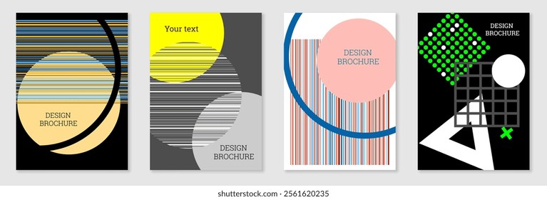 Set of cover design in Memphis style. Geometric design, abstract background. Fashionable bright cover, banner, poster, booklet. Creative colors.