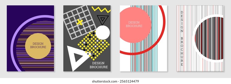 Set of cover design in Memphis style. Geometric design, abstract background. Fashionable bright cover, banner, poster, booklet. Creative colors.