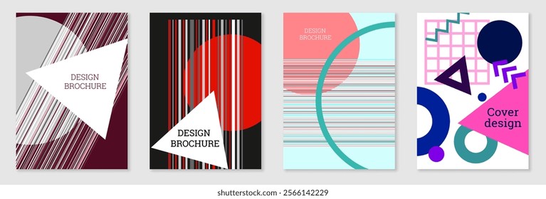 Set of cover design in Memphis style. Geometric design, abstract background. Fashionable bright cover, banner, poster, booklet. Creative colors.