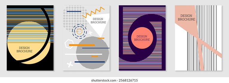 Set of cover design in Memphis style. Geometric design, abstract background. Fashionable bright cover, banner, poster, booklet. Creative colors.