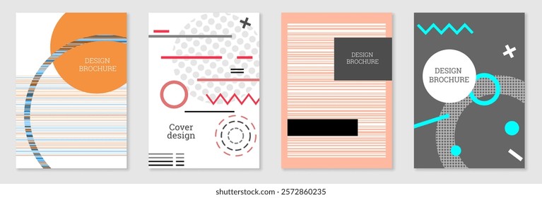 Set of cover design in Memphis style. Geometric design, abstract background. Fashionable bright cover, banner, poster, booklet. Creative colors.