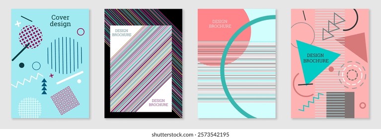 Set of cover design in Memphis style. Geometric design, abstract background. Fashionable bright cover, banner, poster, booklet. Creative colors.