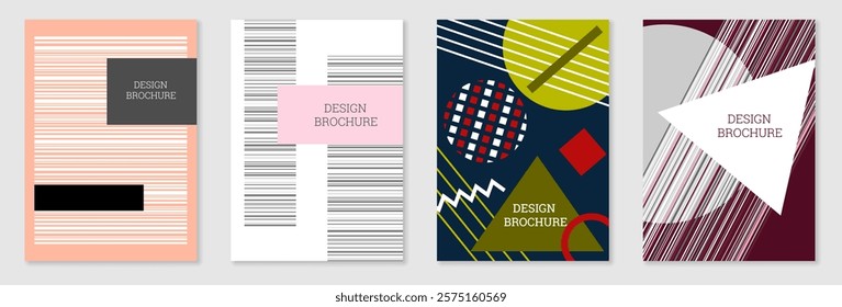 Set of cover design in Memphis style. Geometric design, abstract background. Fashionable bright cover, banner, poster, booklet. Creative colors.