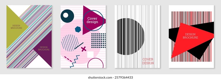 Set of cover design in Memphis style. Geometric design, abstract background. Fashionable bright cover, banner, poster, booklet. Creative colors.