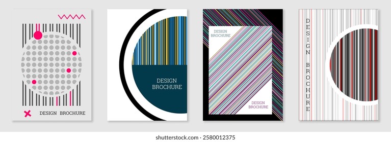 Set of cover design in Memphis style. Geometric design, abstract background. Fashionable bright cover, banner, poster, booklet. Creative colors.